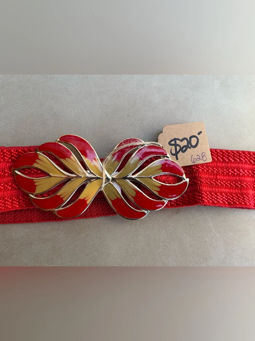 Vintage Red Enamel Leaf Link  Elastic Cinch Waist Belt